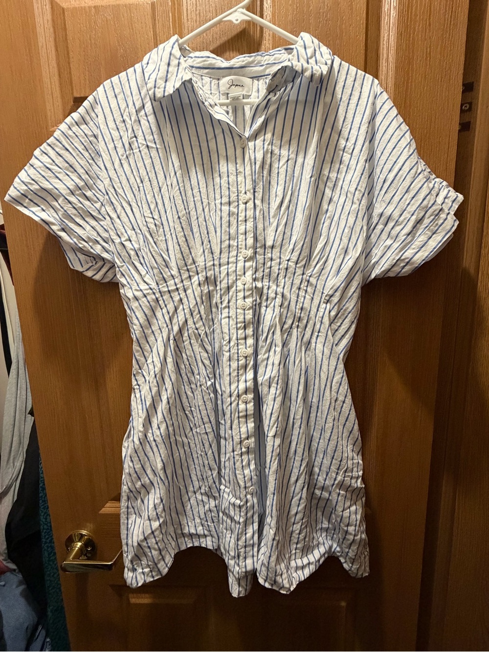 Button-Front Striped White & Blue Mini Shirt Dress